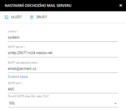 Nastavení odchozího mail serveru